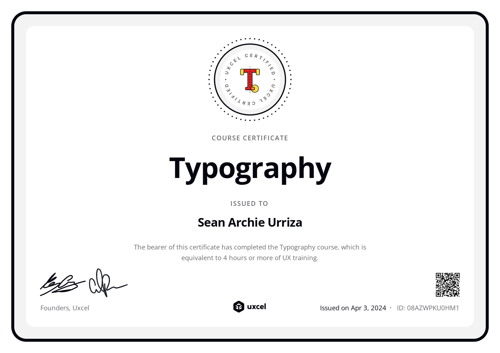 Sean Archie Urriza's certificate